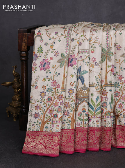 Crepe silk saree cream and pink with allover prints & pita embroidery work and zari woven border