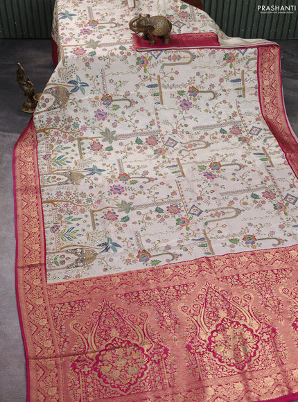 Crepe silk saree cream and pink with allover prints & pita embroidery work and zari woven border