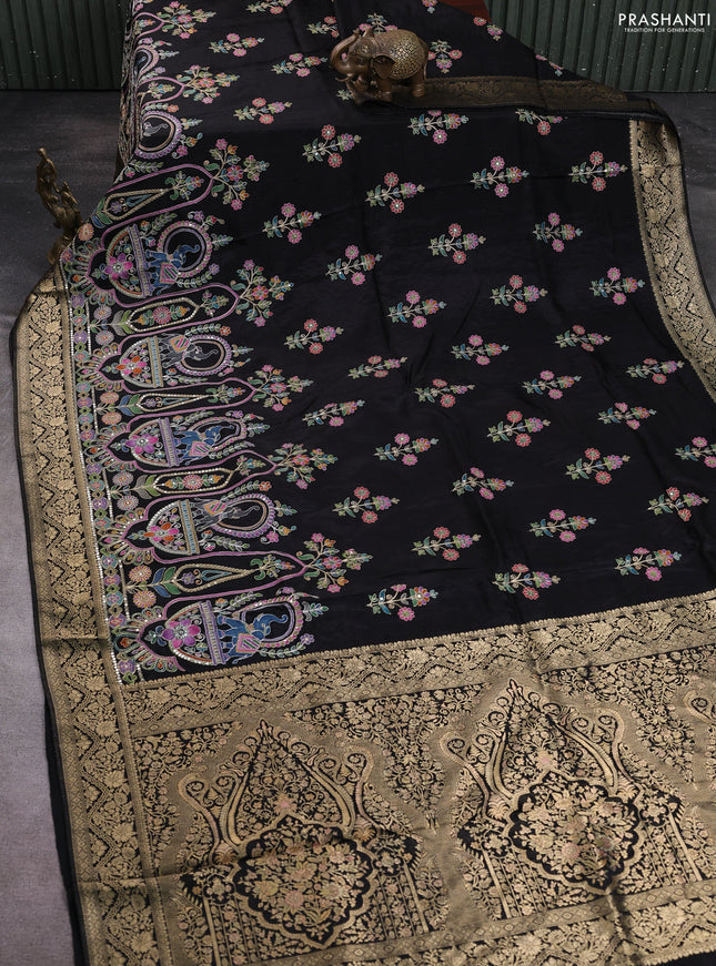 Crepe silk saree black with allover prints & pita embroidery work and zari woven border