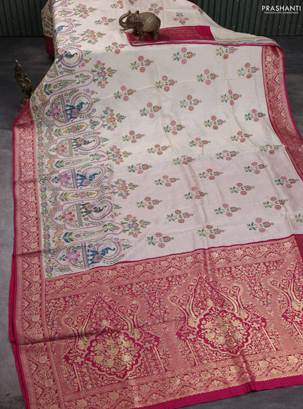 Crepe silk saree cream and dark pink with allover prints & pita embroidery work and zari woven border
