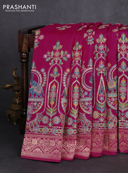 Crepe silk saree pink with allover prints & pita embroidery work and zari woven border