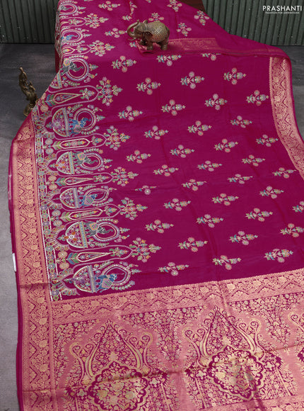 Crepe silk saree pink with allover prints & pita embroidery work and zari woven border