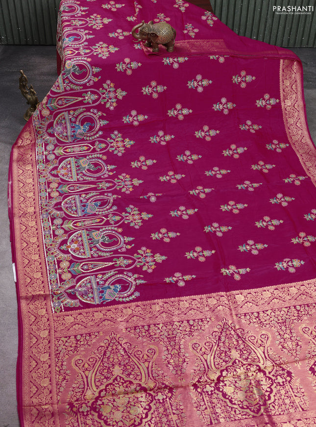 Crepe silk saree pink with allover prints & pita embroidery work and zari woven border