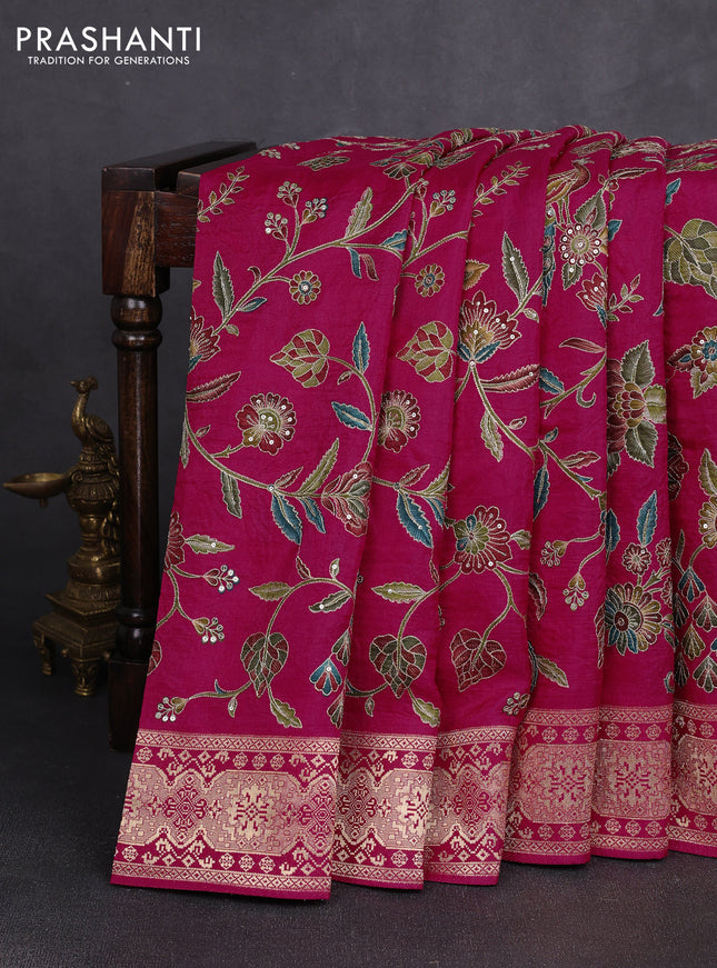 Crepe silk saree pink with allover prints & pita embroidery work and zari woven border