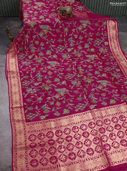 Crepe silk saree pink with allover prints & pita embroidery work and zari woven border