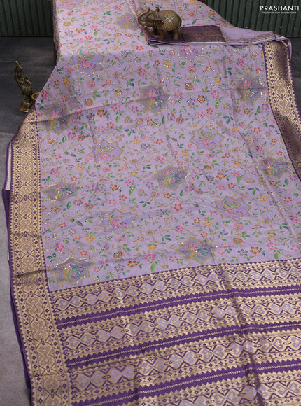 Crepe silk saree pastel purple and purple shade with allover prints & pita embroidery work and zari woven border