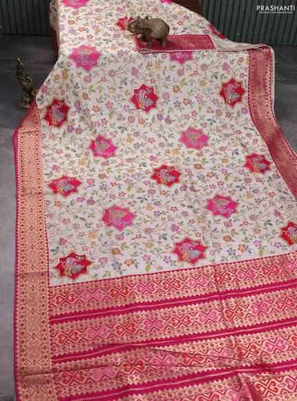 Crepe silk saree beige and pink with allover prints & pita embroidery work and zari woven border