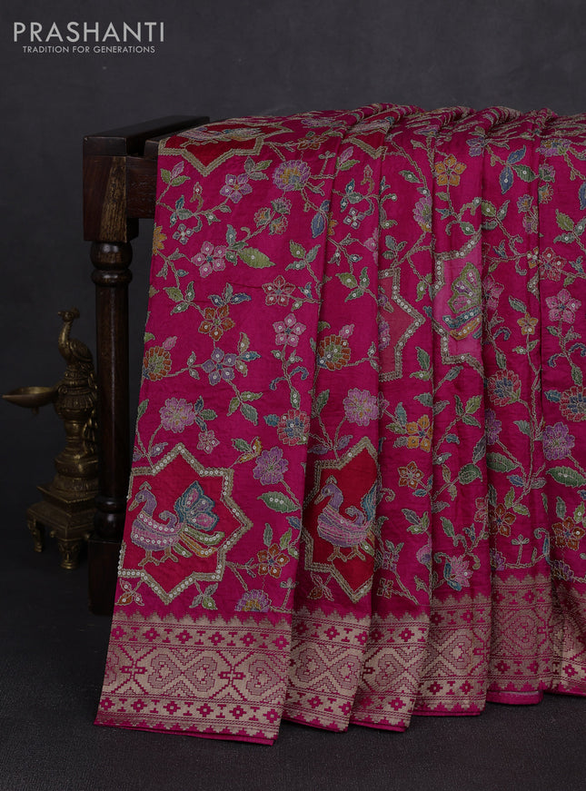 Crepe silk saree pink with allover prints & pita embroidery work and zari woven border