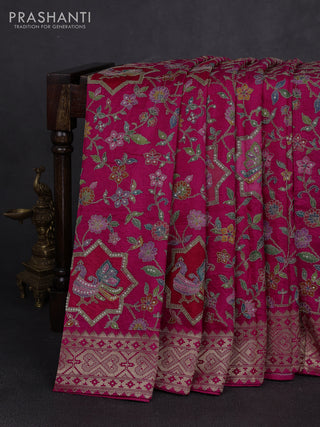 Crepe silk saree pink with allover prints & pita embroidery work and zari woven border