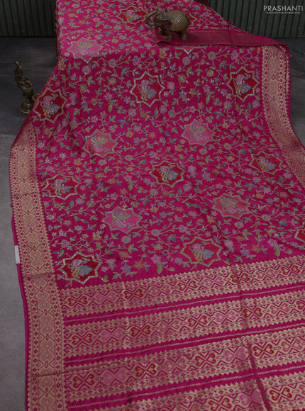 Crepe silk saree pink with allover prints & pita embroidery work and zari woven border