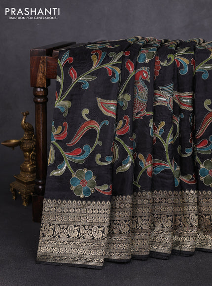 Crepe silk saree black with allover prints & pita embroidery work and zari woven border