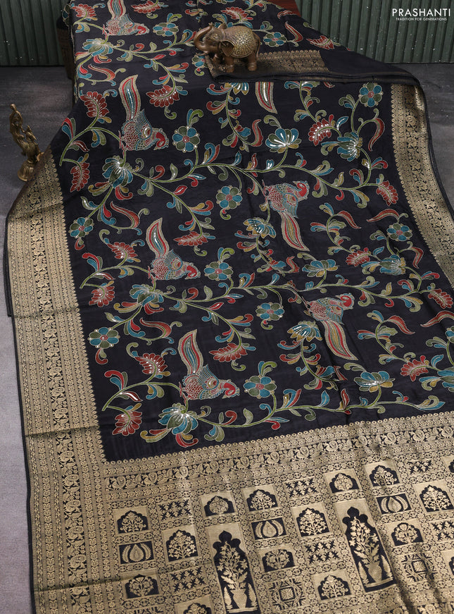 Crepe silk saree black with allover prints & pita embroidery work and zari woven border
