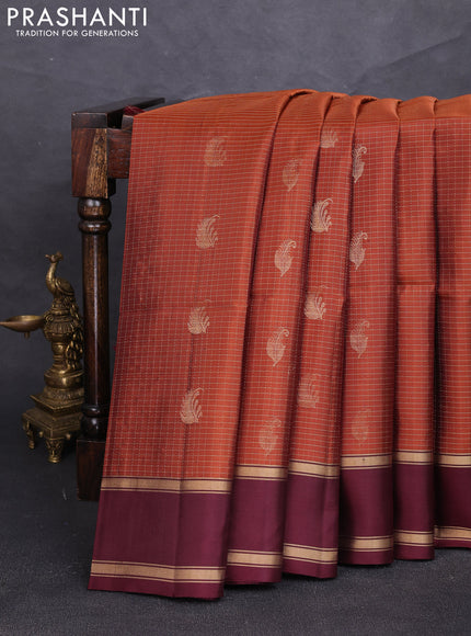 Pure soft silk saree rust shade and deep maroon with allover small zari checks & buttas and rettapet zari woven border