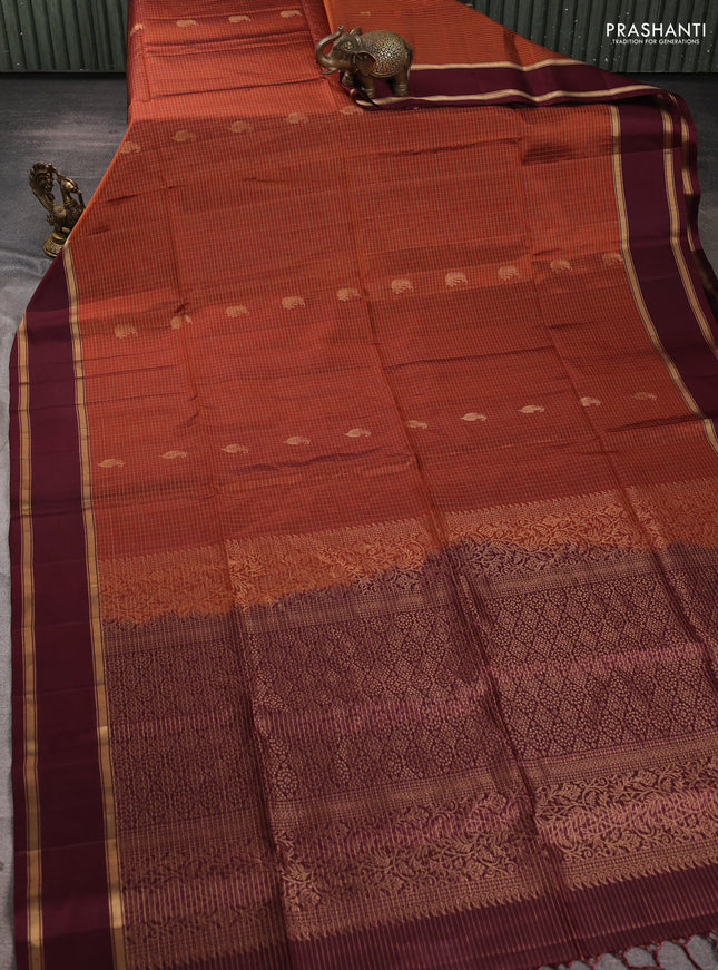 Pure soft silk saree rust shade and deep maroon with allover small zari checks & buttas and rettapet zari woven border
