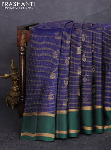 Pure soft silk saree navy blue and bottle green with allover small zari checks & buttas and rettapet zari woven border