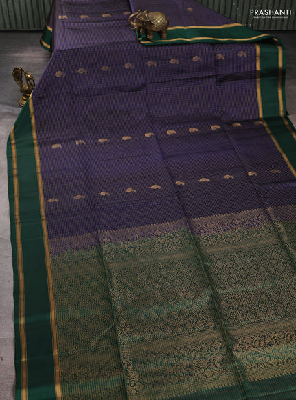 Pure soft silk saree navy blue and bottle green with allover small zari checks & buttas and rettapet zari woven border