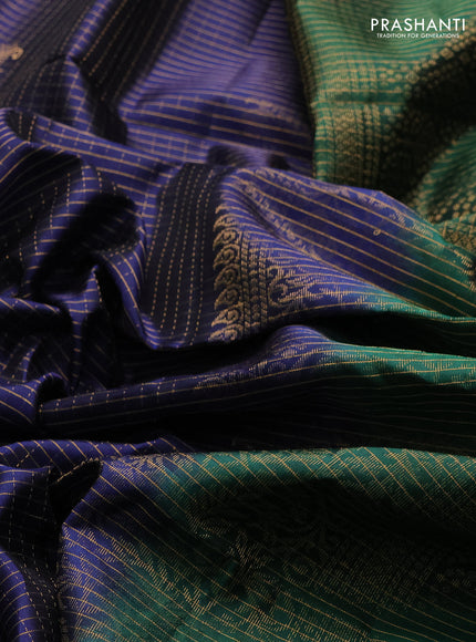 Pure soft silk saree navy blue and bottle green with allover small zari checks & buttas and rettapet zari woven border