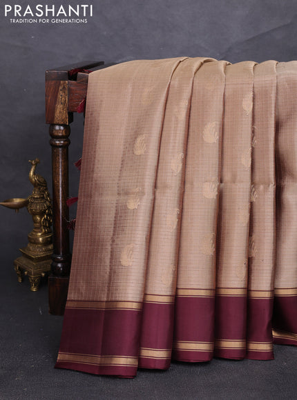 Pure soft silk saree dark beige and deep maroon with allover small zari checks & buttas and rettapet zari woven border