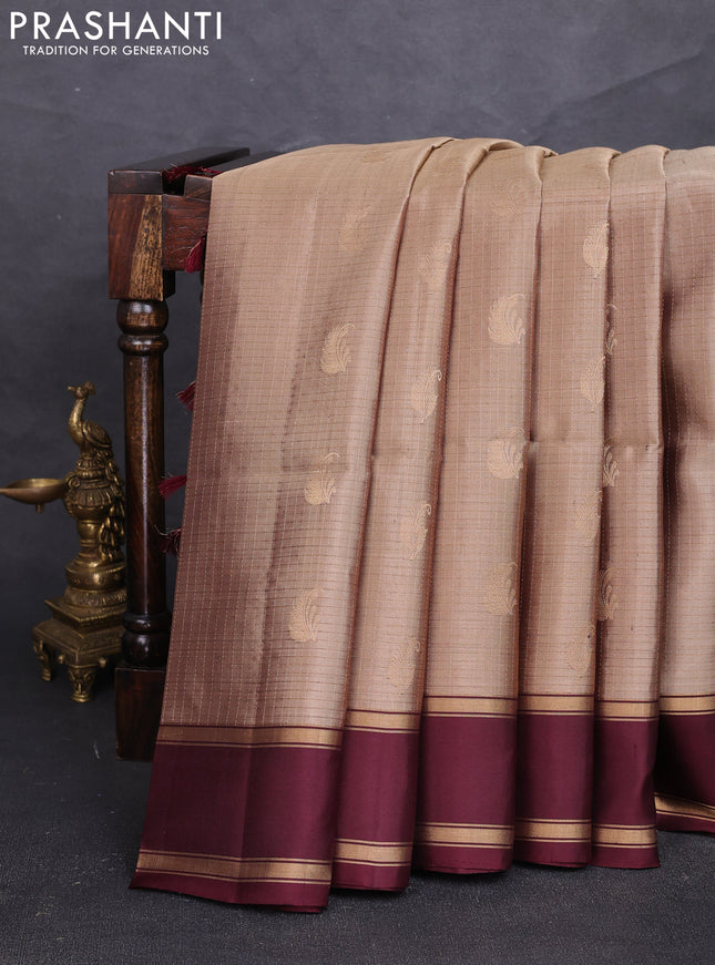 Pure soft silk saree dark beige and deep maroon with allover small zari checks & buttas and rettapet zari woven border