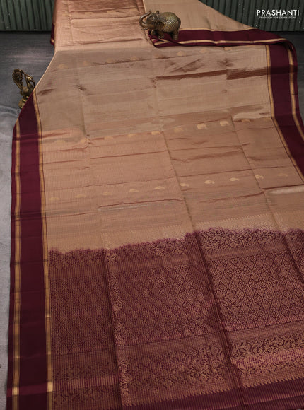 Pure soft silk saree dark beige and deep maroon with allover small zari checks & buttas and rettapet zari woven border