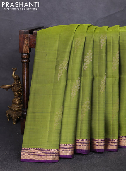 Pure soft silk saree mehendi green and purple with zari woven buttas and zari woven border