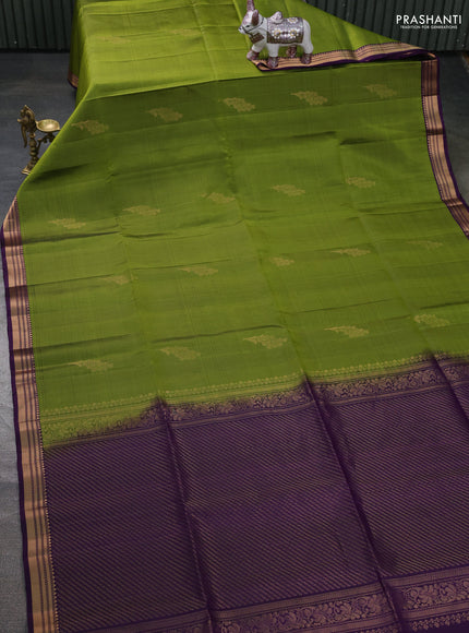 Pure soft silk saree mehendi green and purple with zari woven buttas and zari woven border