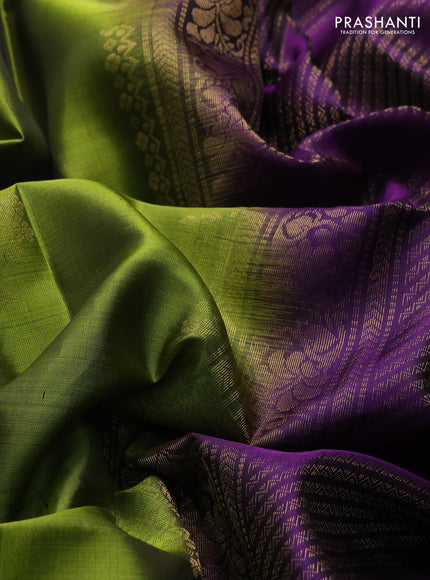 Pure soft silk saree mehendi green and purple with zari woven buttas and zari woven border