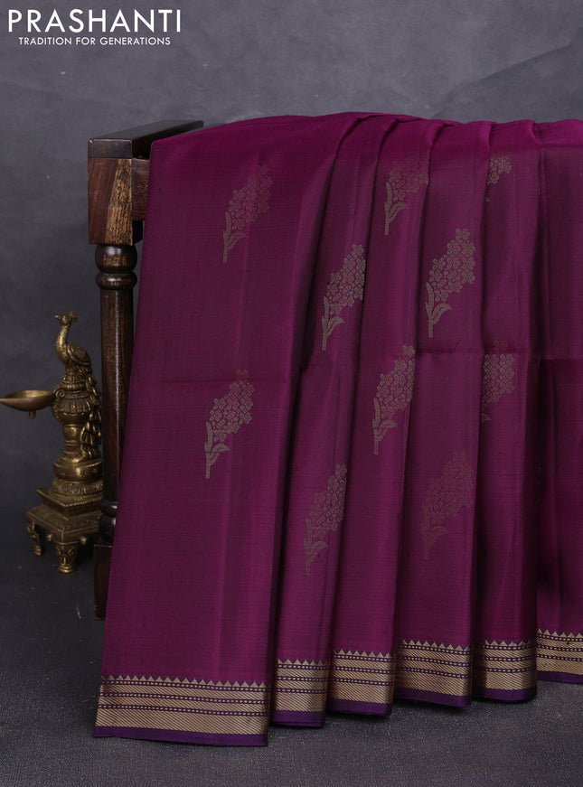 Pure soft silk saree deep wine and violet with allover zari woven buttas and zari woven border