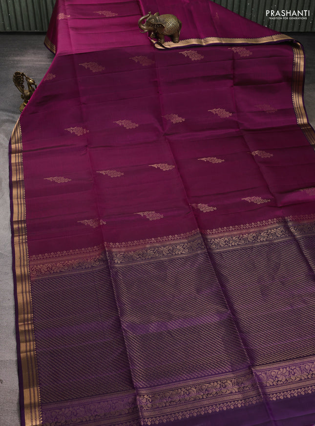 Pure soft silk saree deep wine and violet with allover zari woven buttas and zari woven border