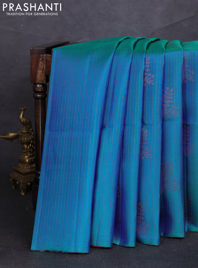 Pure soft silk saree blue and maroon with allover thread & zari weaves & buttas in borderless style