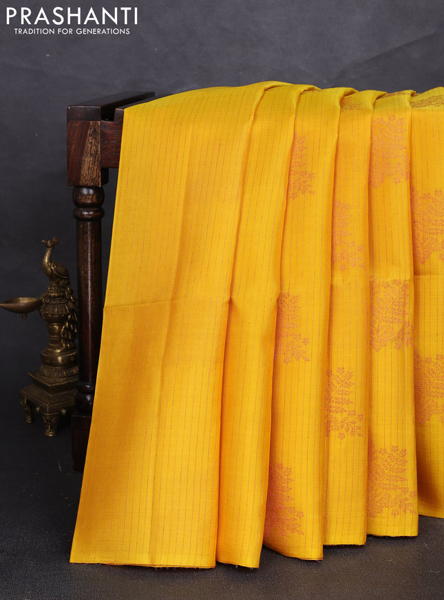 Pure soft silk saree yellow and dual shade of pinkish orange with allover thread & zari weaves & buttas in borderless style