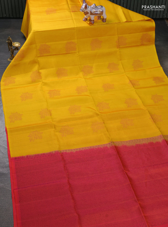 Pure soft silk saree yellow and dual shade of pinkish orange with allover thread & zari weaves & buttas in borderless style