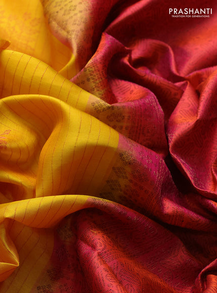 Pure soft silk saree yellow and dual shade of pinkish orange with allover thread & zari weaves & buttas in borderless style