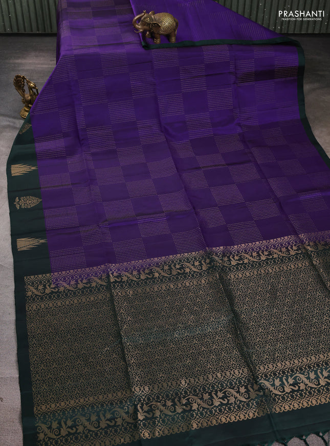 Pure soft silk saree violet and bottle green with allover zari woven buttas and zari woven butta border