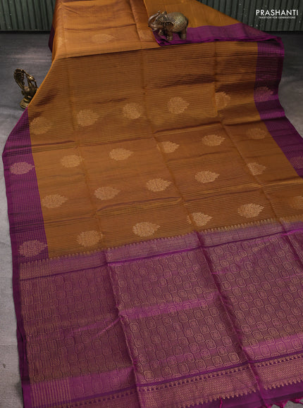 Pure soft silk saree dark mustard and purple with allover zari strieps & buttas and zari woven checked border