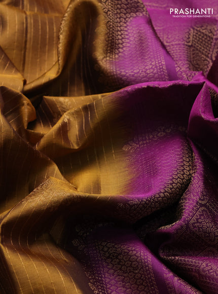 Pure soft silk saree dark mustard and purple with allover zari strieps & buttas and zari woven checked border