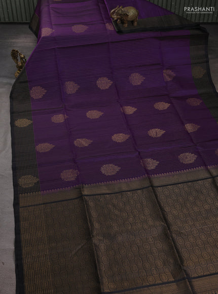 Pure soft silk saree purple and black with allover zari strieps & buttas and zari woven checked border