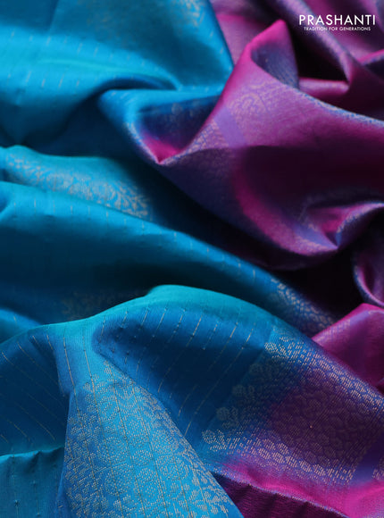 Pure soft silk saree teal blue and dual shade of bluish pink with allover zari strieps & buttas and zari woven checked border