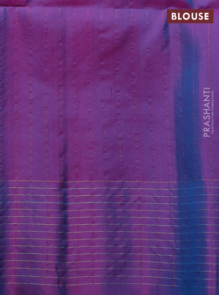 Pure soft silk saree teal blue and dual shade of bluish pink with allover zari strieps & buttas and zari woven checked border
