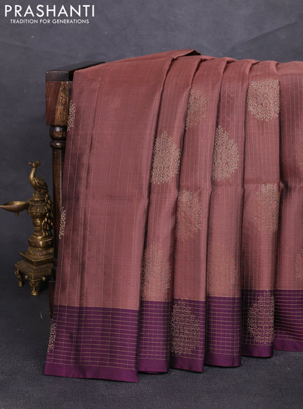 Pure soft silk saree pastel brown and wine shade with allover zari strieps & buttas and zari woven checked border