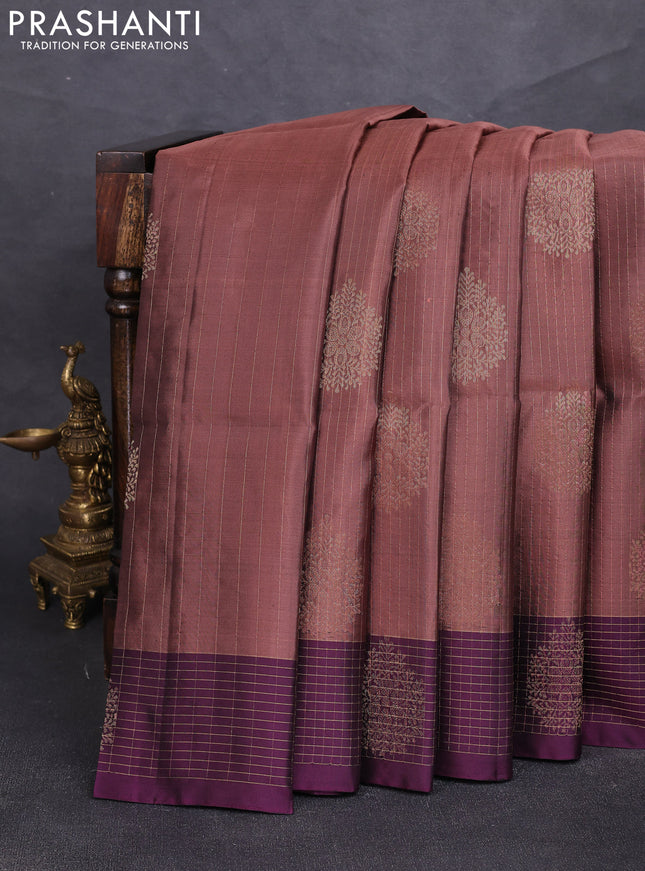 Pure soft silk saree pastel brown and wine shade with allover zari strieps & buttas and zari woven checked border