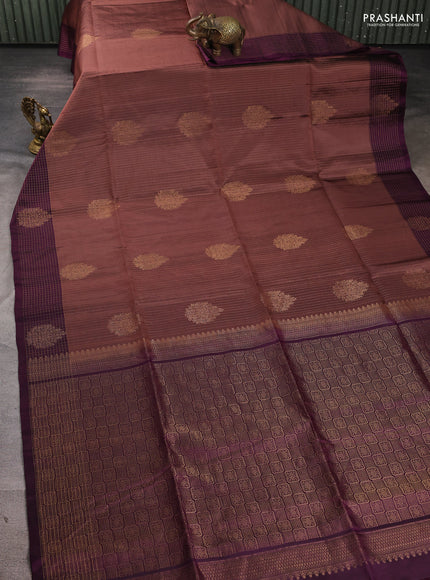 Pure soft silk saree pastel brown and wine shade with allover zari strieps & buttas and zari woven checked border