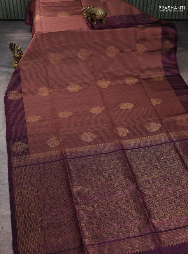 Pure soft silk saree pastel brown and wine shade with allover zari strieps & buttas and zari woven checked border