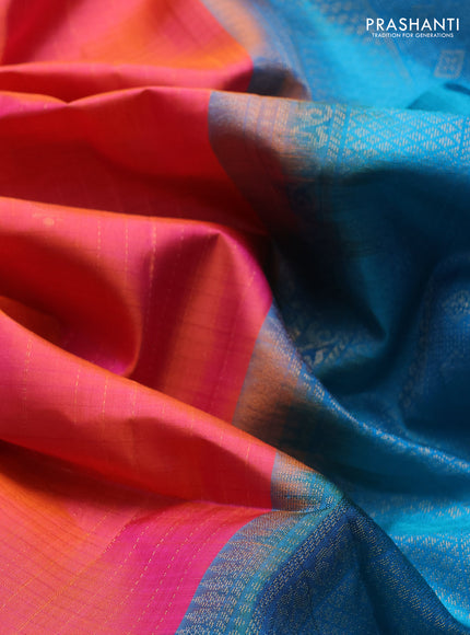Pure soft silk saree dual shade of pinkish orange and cs blue with allover zari weaves & buttas and simple border