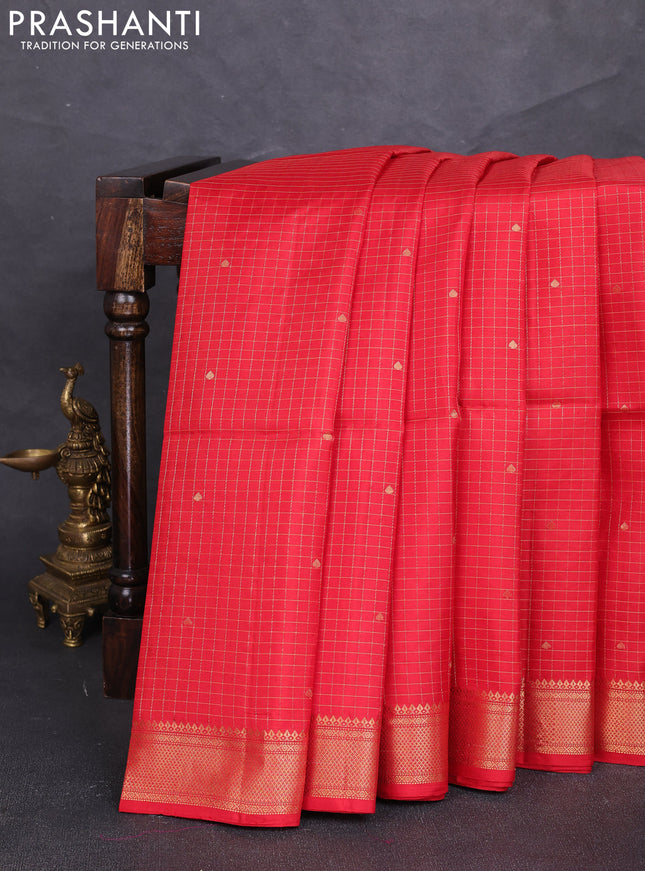 Pure soft silk saree red with allover zari checks & buttas and zari woven border