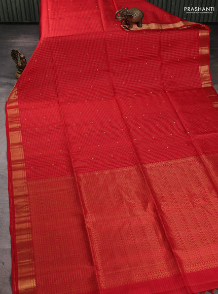 Pure soft silk saree red with allover zari checks & buttas and zari woven border