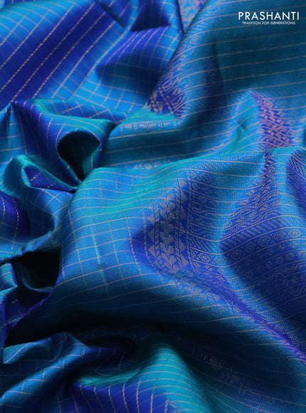 Pure soft silk saree dual shade of bluish green with allover zari checks & buttas and zari woven border