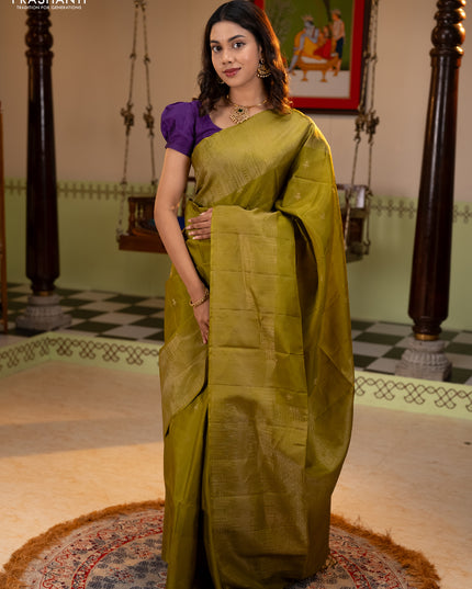 Pure soft silk saree mehendi green with zari woven buttas and rich zari woven border