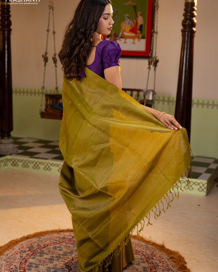 Pure soft silk saree mehendi green with zari woven buttas and rich zari woven border