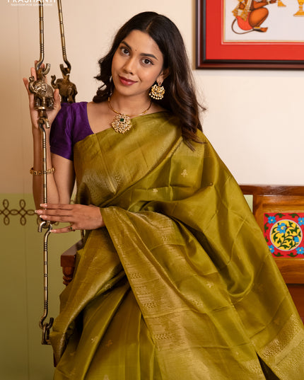 Pure soft silk saree mehendi green with zari woven buttas and rich zari woven border